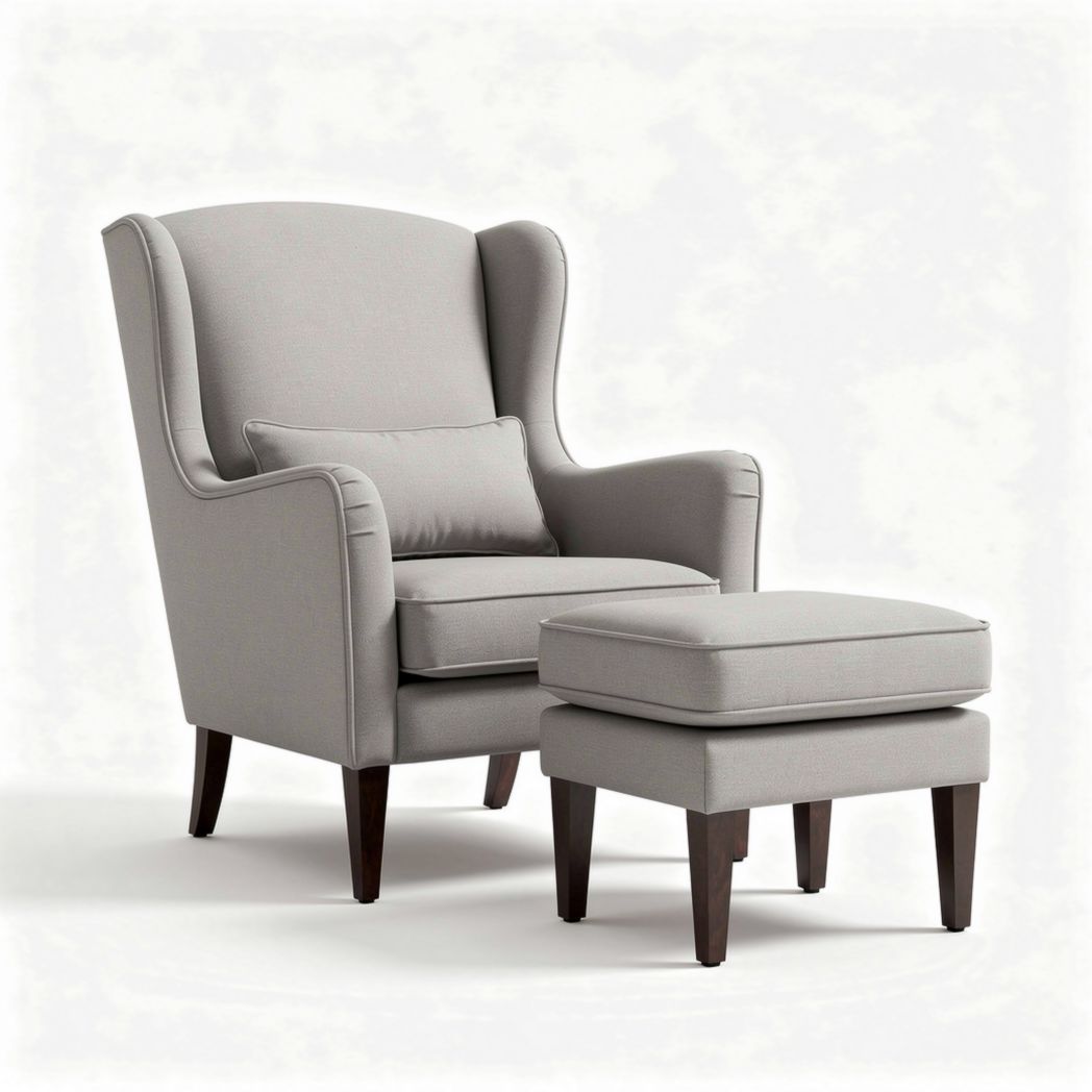sillón de lectura gris claro con reposapies de madera 90 x 80 x 100cm