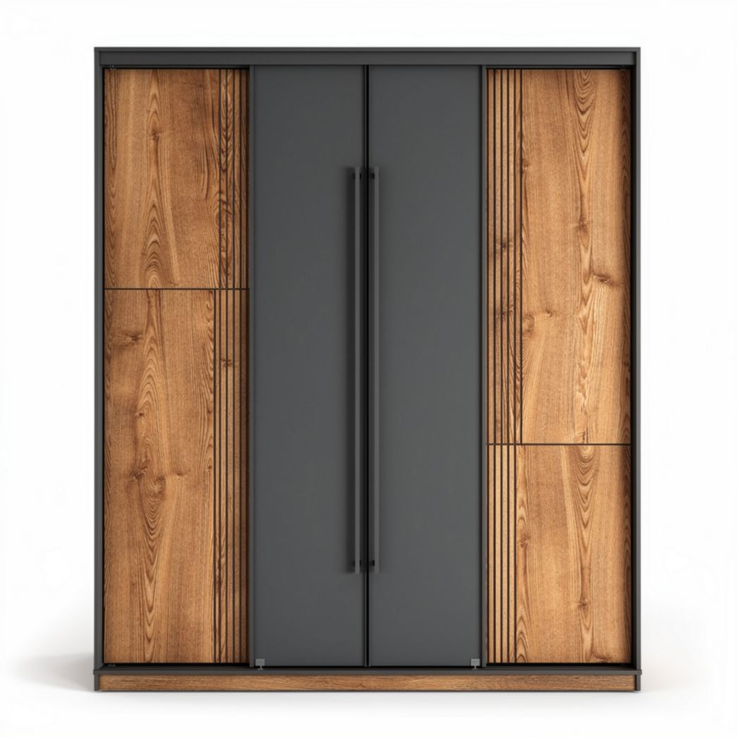 Armario de almacenamiento con puertas correderas en acabado negro y madera clara 200 x 120 x 60cm