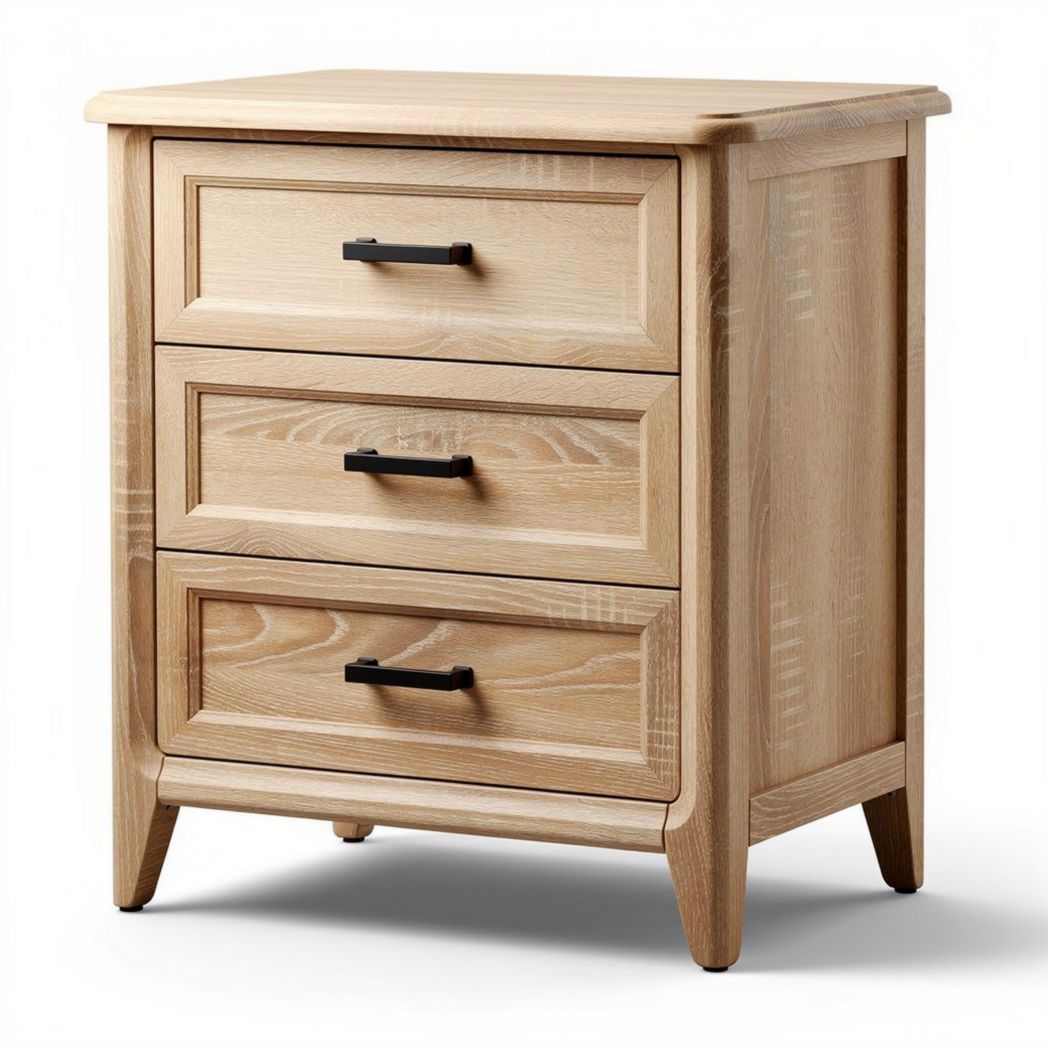 Mesita de noche de madera natural con tres cajones 45 x 40 x 60cm