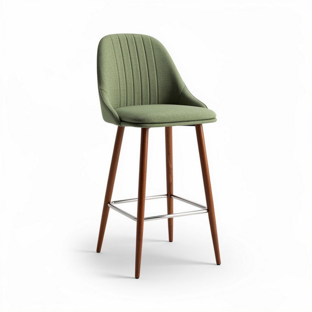 Taburete de bar de tela verde con patas de madera de 45 x 45 x 100cm