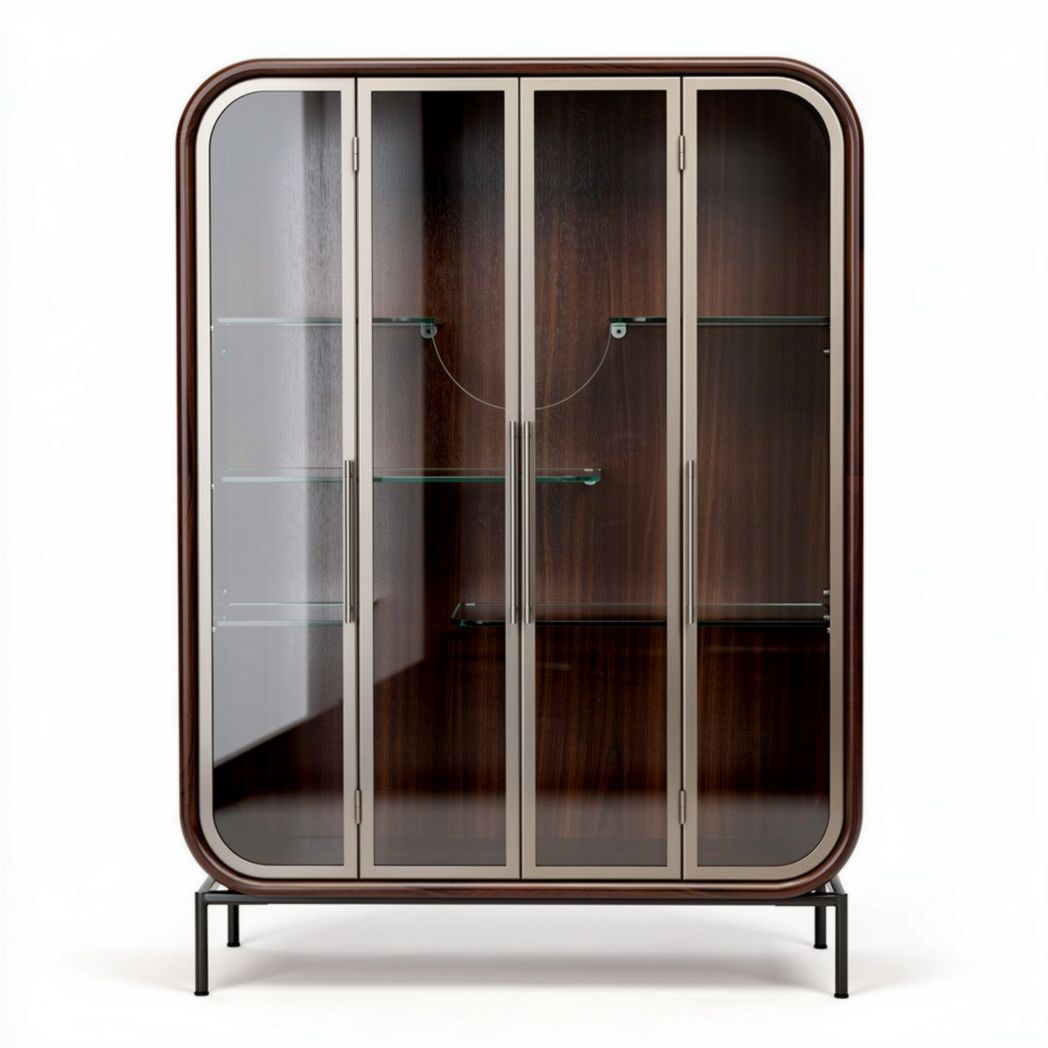 Vitrina de madera oscura con estantes de vidrio y estructura metalizada 80 x 40 x 120cm