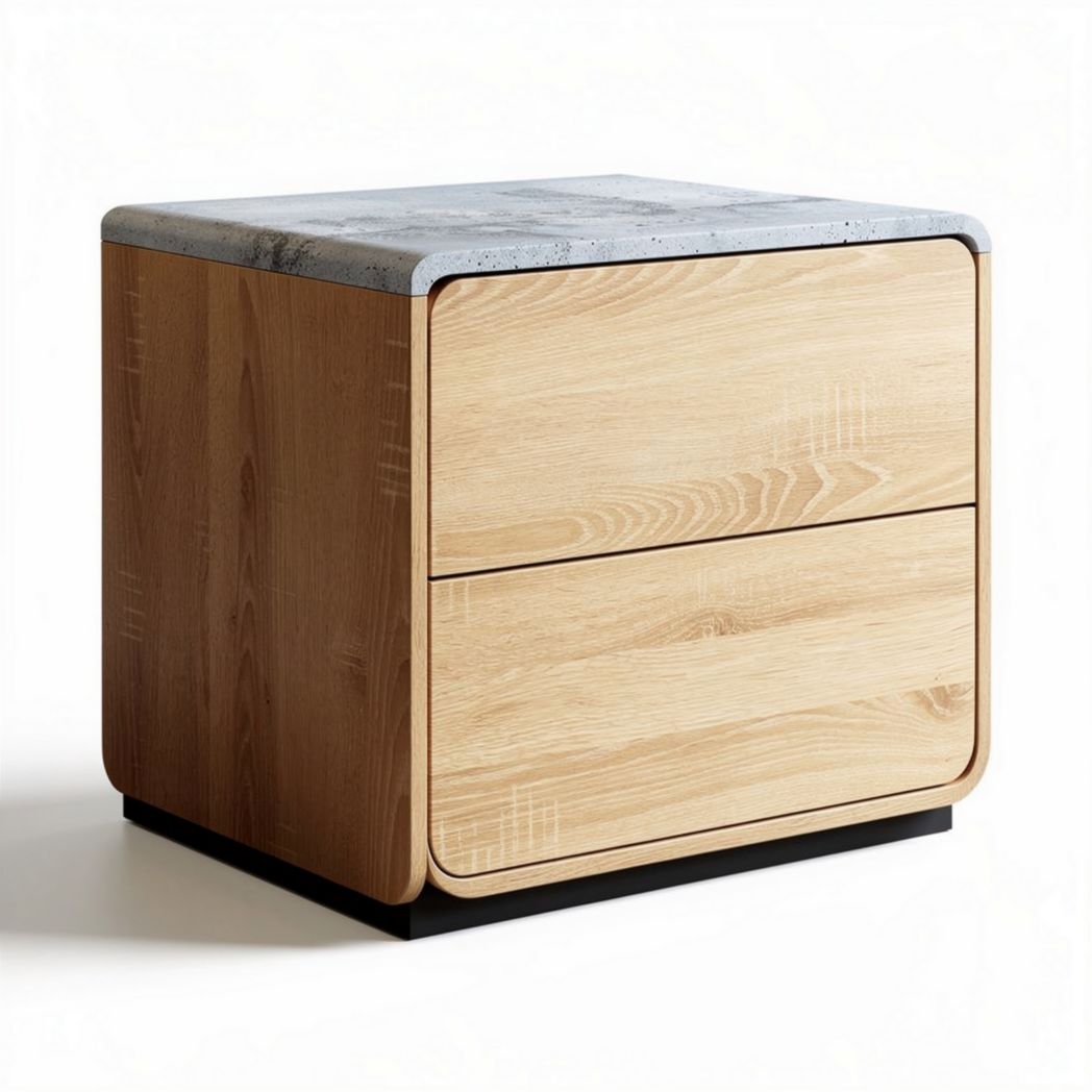 mesa de noche de madera con superficie de concreto medida 40 x 40 x 45cm