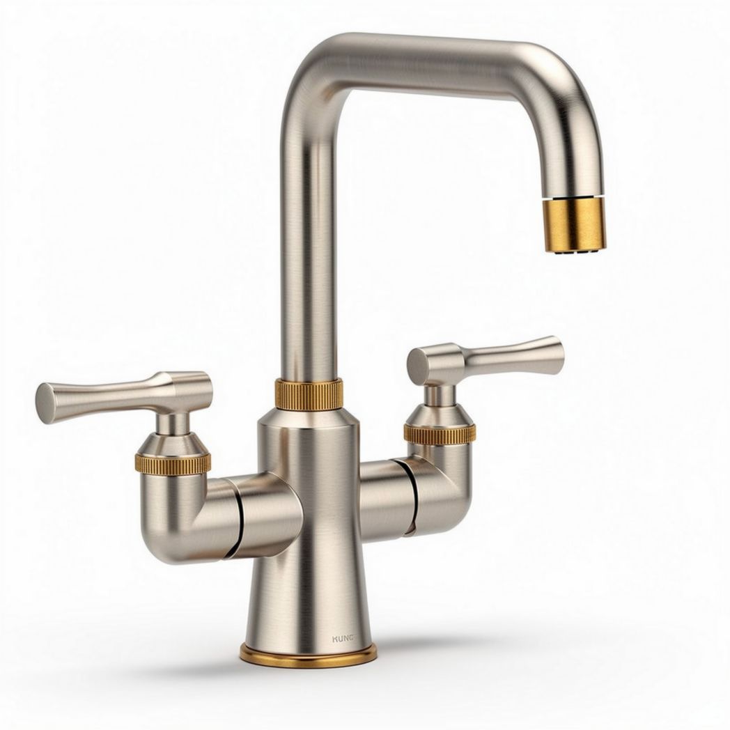 Grifo de cocina de acero inoxidable con doble maneta y acabado cepillado 15 x 15 x 30cm