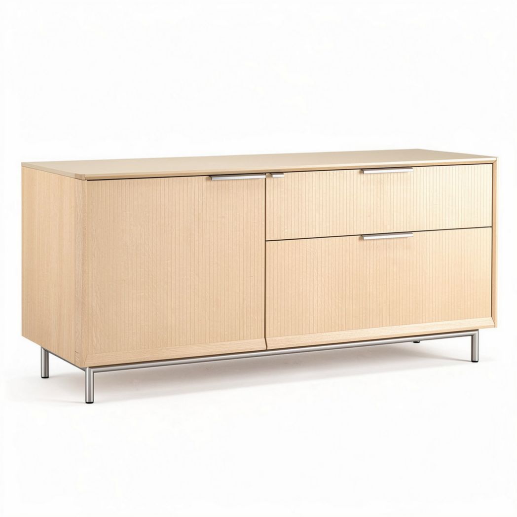 Mueble de almacenamiento de madera en color beige con dimensiones 140 x 45 x 75cm