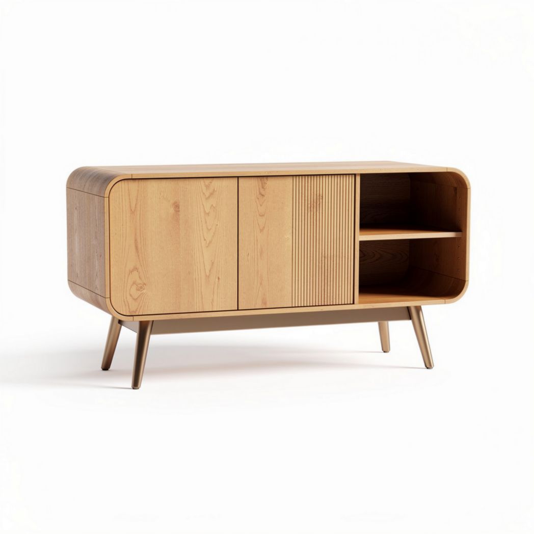 Mueble de salón de madera clara con estante abierto y puertas correderas 120 x 40 x 70cm