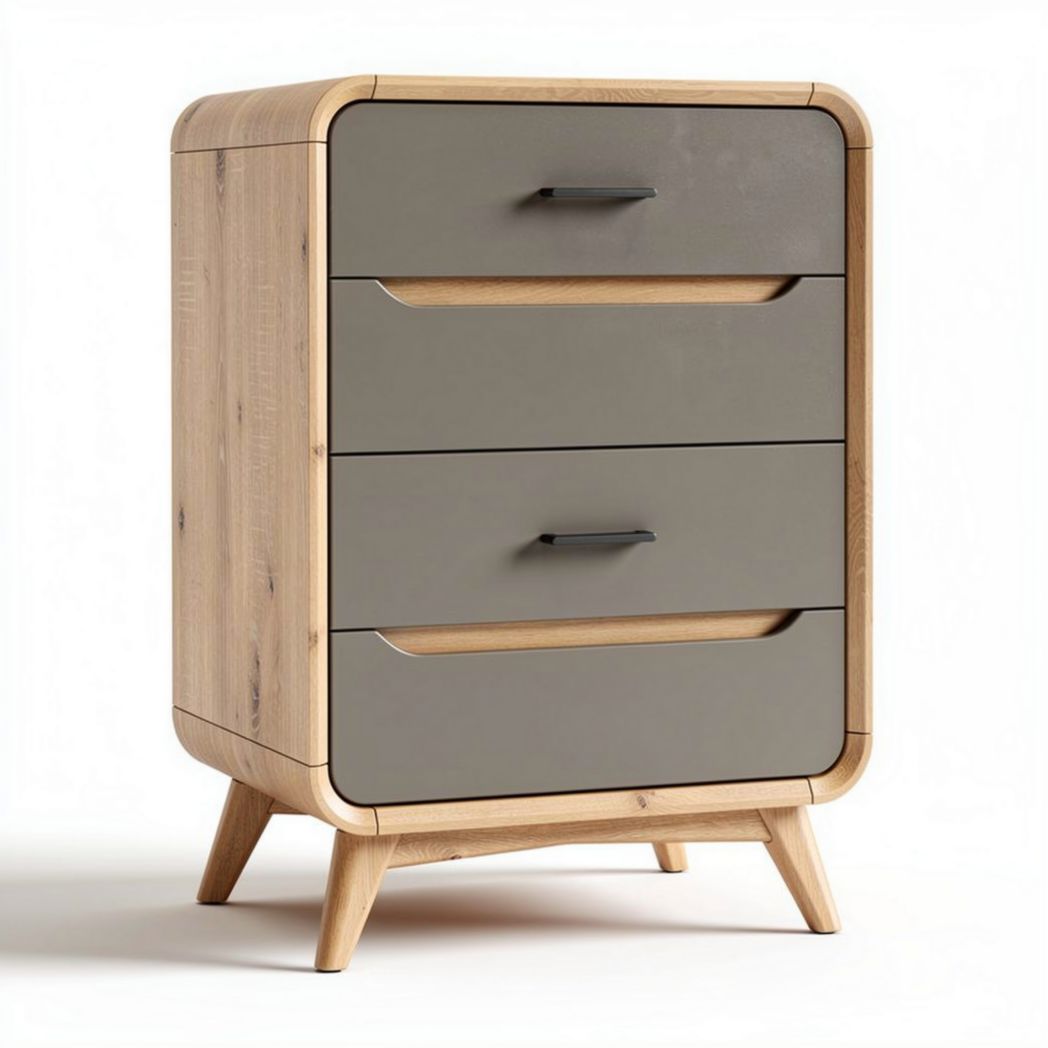 Mesita de noche de madera con tres cajones en gris y dimensiones 45 x 40 x 65cm